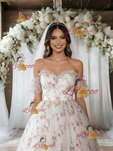 White Tulle Off the Shoulder Print Wedding Dress