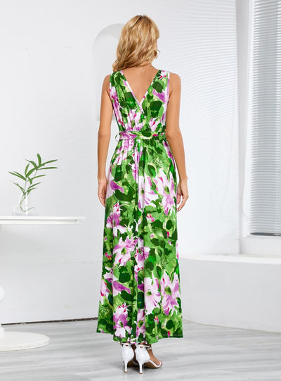 Bohemian Printed Sleeveless V-neck Slit Dress