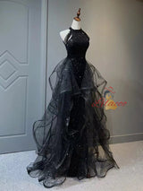 Black Sequins Halter Beading Prom Dress
