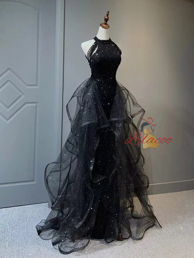 Black Sequins Halter Beading Prom Dress