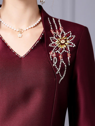 Burgundy Satin Beading Mother Of The Bride Dress