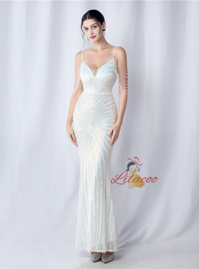 Mermaid Sequins Beading Spaghetti Straps Prom Dress