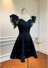 Black Straps Pearls Short Prom Dress