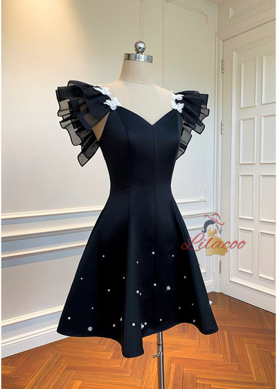 Black Straps Pearls Short Prom Dress