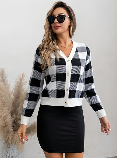 Retro Contrast Check Sweater Coat