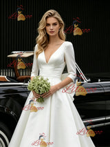 White Satin V-neck Short Sleeve Wedding Dress