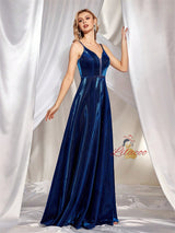 Blue V-neck Straps Split Prom Dress