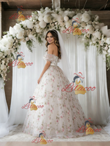 White Tulle Off the Shoulder Print Wedding Dress