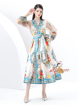 Retro Printed V-neck Bubble Sleeve Dress