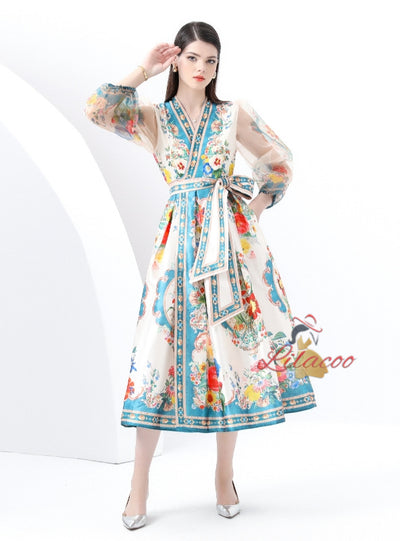 Retro Printed V-neck Bubble Sleeve Dress