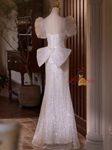 White Mermaid Sequins Puff Sleeve Bow Wedding Dress