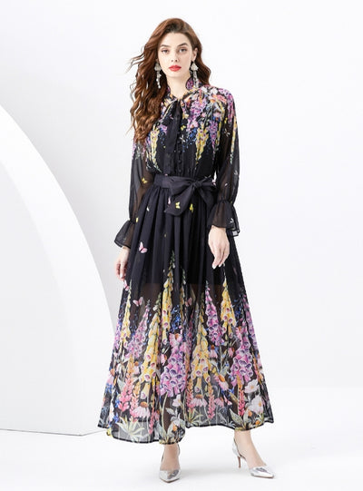 V-neck Wood Ear Ribbon Pleated Printed Dress