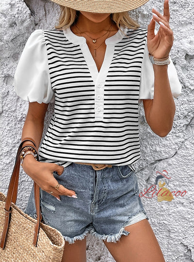 Spliced Collar Casual Striped T-shirt