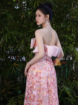 Pink Tulle Sequins Strapless Prom Dress