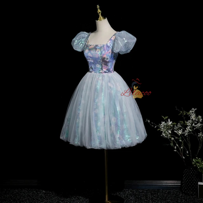 Blue Tulle Sequins Puff Sleeve Homecoming Dress