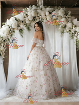 White Tulle Off the Shoulder Print Wedding Dress