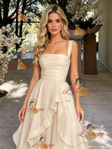 Champagne Tulle Straps Pleats Prom Dress