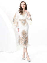 Retro Round Neck Flared Sleeve Fringed Dress