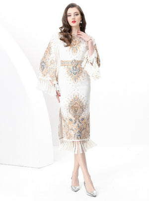 Retro Round Neck Flared Sleeve Fringed Dress