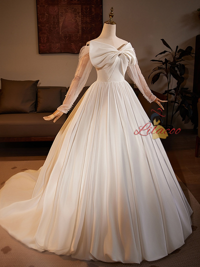White Satin Long Sleeve Off the Shoulder Wedding Dress