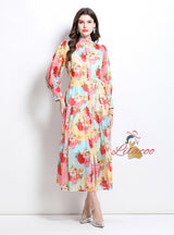 Contrast Retro Lantern Sleeve Printed Dress