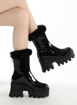 Black Plush Round-headed Platform Martin Boots