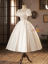 White Satin Short Sleeve Button Wedding Dress