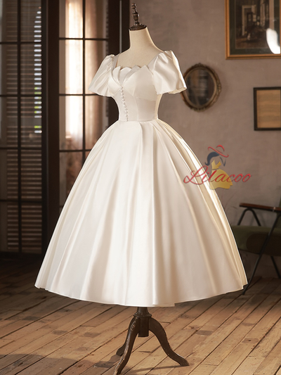 White Satin Short Sleeve Button Wedding Dress