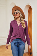 Solid Color V-neck Button Long Sleeve T-shirt