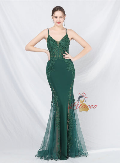 Mermaid Spaghetti Straps Appliques Prom Dress