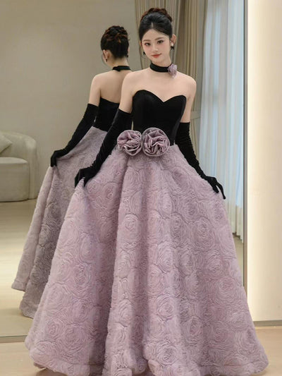 Purple Tulle Black Velvet Flower Prom Dress