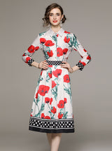 Retro Long Sleeve Lapel Slim Print Dress