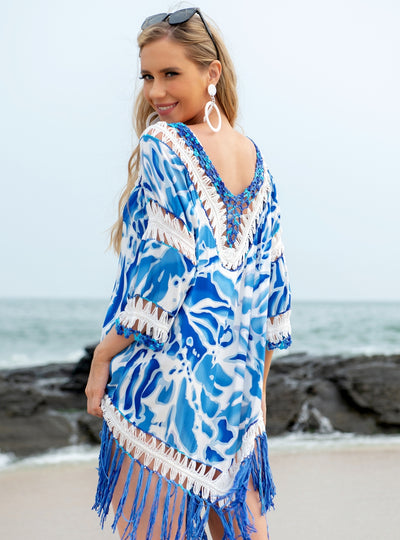 Blue Printed Blouse Tassel Beach Cover Up