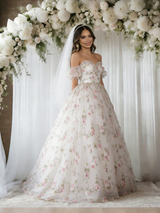 White Tulle Off the Shoulder Print Wedding Dress