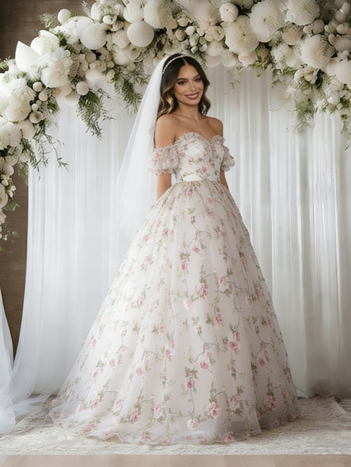 White Tulle Off the Shoulder Print Wedding Dress