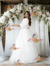 White Puff Sleeve Square Neck Wedding DDress