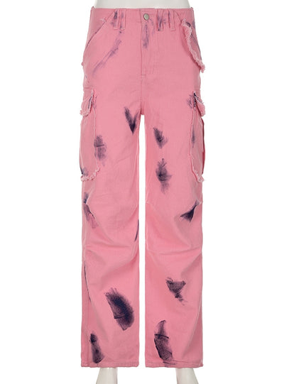 Graffiti Print Washed Wide Leg Raw Jeans