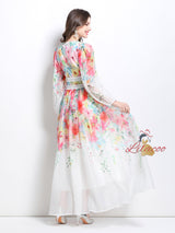 Flower Oil Painting Lace Stitching V-neck Dress