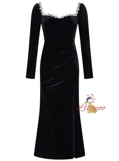 Black Long Sleeve Crystal Prom Dress