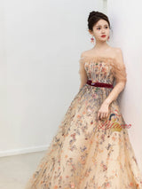 Champagne Tulle Embroidery Flower Prom Dress