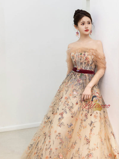 Champagne Tulle Embroidery Flower Prom Dress