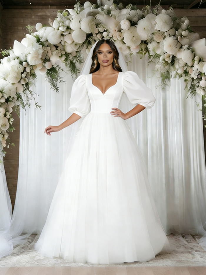 White Puff Sleeve Square Neck Wedding DDress