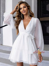 Sexy Lantern Sleeve Deep V-neck Dress