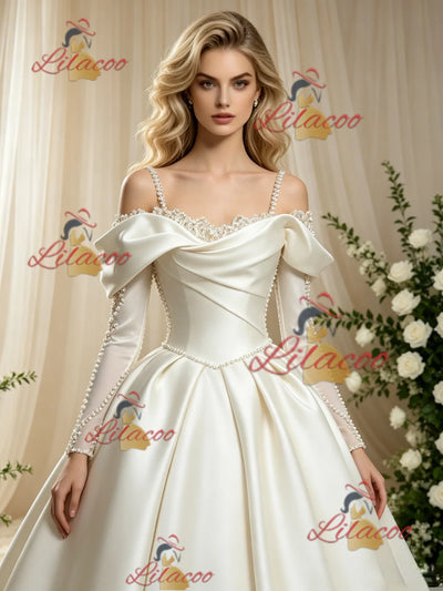Ivory Satin Long Sleeve Straps Wedding Dress