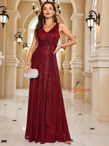 Burgundy Sequins V-neck Prom Dress