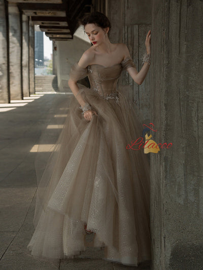 Tulle Off the Shoulder Pleats Appliques Prom Dress