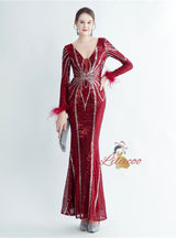 Long Sleeve Mermaid V-neck Sequins Prom Dress
