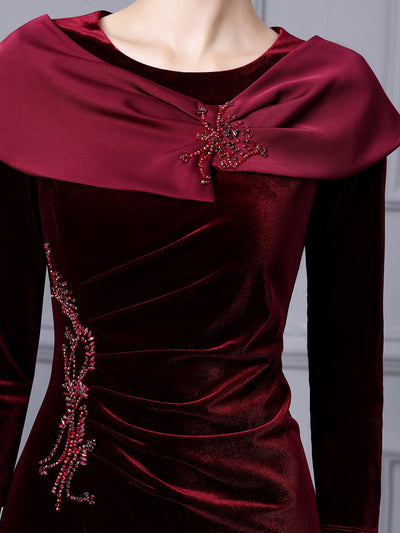 Burgundy Velvet Pleats Beading Mother Of The Bride Dress
