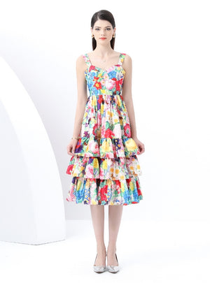 Printed Flounce Suspender Tiers Dress