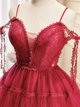 Burgundy Tulle Lace Straps Homecoming Dress
